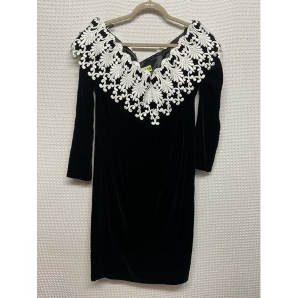 VTG Scott McClintock Black Velvet Off Shoulder Midi Party Dress Women 14 USA
